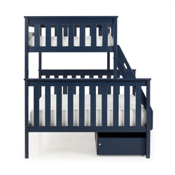 Navy blue wooden twin bunk bed with ladder, slatted safety rails and under-bed storage drawer shown with white mattress — kids' bedroom or nursery loft bed