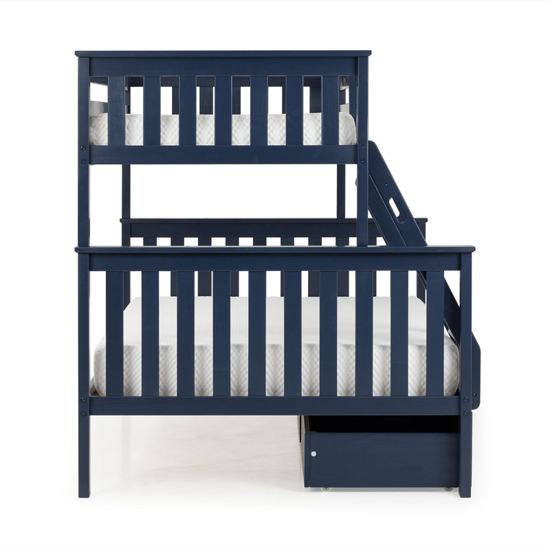 Navy blue wooden twin bunk bed with ladder, slatted safety rails and under-bed storage drawer shown with white mattress — kids' bedroom or nursery loft bed