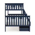 Navy blue wooden twin bunk bed with ladder, slatted safety rails and under-bed storage drawer shown with white mattress — kids' bedroom or nursery loft bed