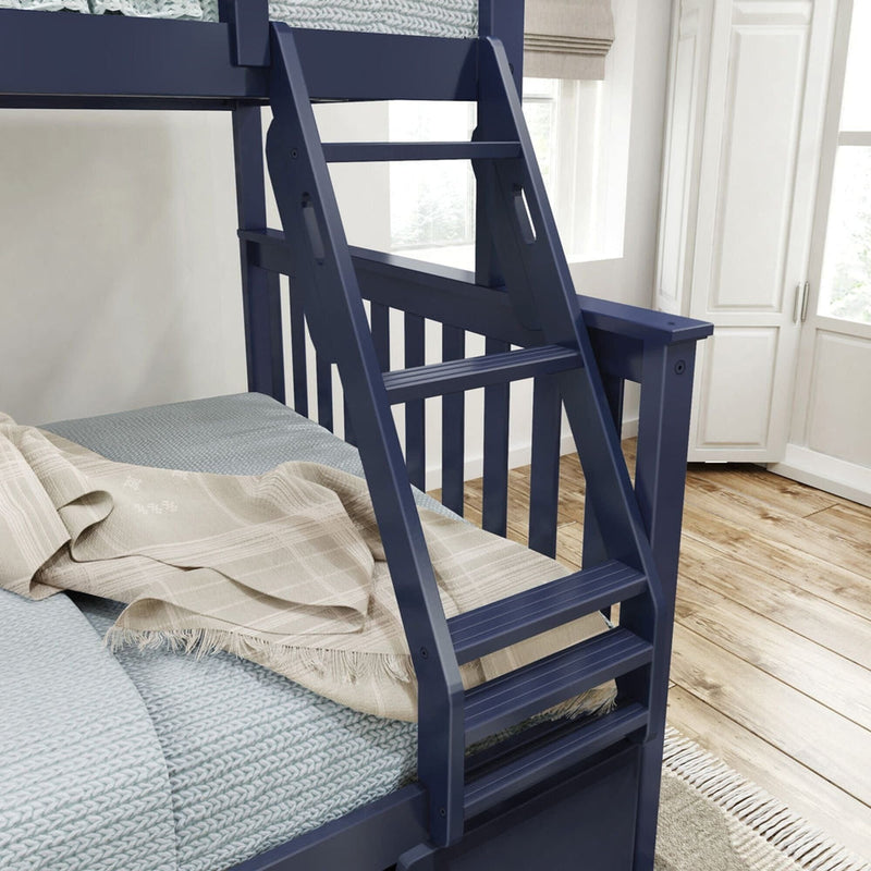 Blue wooden bunk bed with ladder and patterned bedding in a bright, modern bedroom.