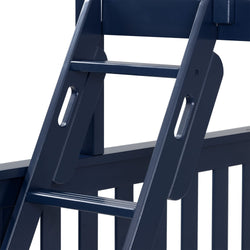Close-up of navy blue painted wooden ladder-back chair showing rungs, slats and armrest detail for outdoor patio furniture