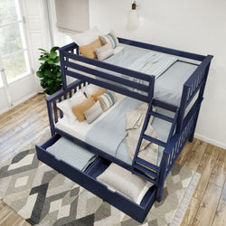 Blue wooden bunk bed in a bright room with storage drawers and decorative pillows.