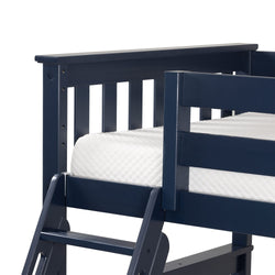 Close-up of navy blue wooden bunk bed frame with ladder and guardrail holding a white twin mattress, modern kids bedroom furniture