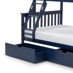 Navy blue wooden bunk bed with built-in ladder, slatted headboard and pull-out under-bed storage drawers with white mattress