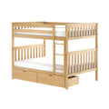 Loft-style solid wood bunk bed with ladder, slatted rails and under-bed storage drawers in natural finish