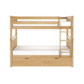 Solid wood twin-over-twin bunk bed in natural maple finish with built-in ladder and under-bed storage drawers for kids bedroom