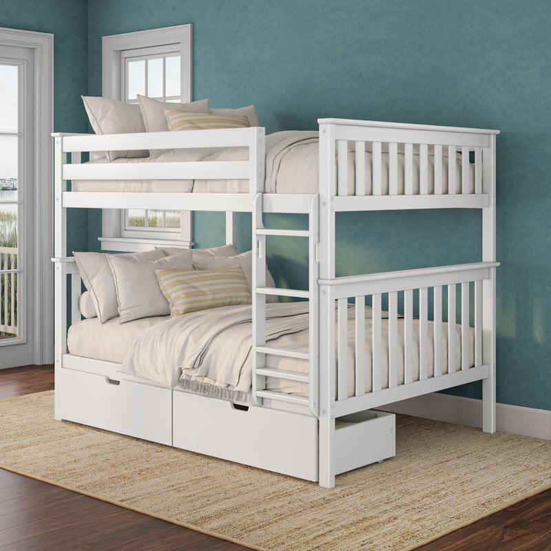 White wooden bunk bed with built-in storage drawers, ladder and beige bedding against a teal wall in a coastal-style bedroom