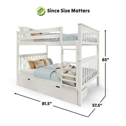 White wooden bunk bed with storage dimensions, featuring 81.5 inches length, 57.5 inches width, and 65 inches height, suitable for kids' bedroom space optimization.