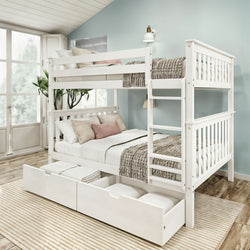 White wooden twin-over-full bunk bed with built-in under-bed storage drawers and ladder, neutral bedding and pillows in a bright modern kids' bedroom with pale blue wall, large windows and hardwood floors