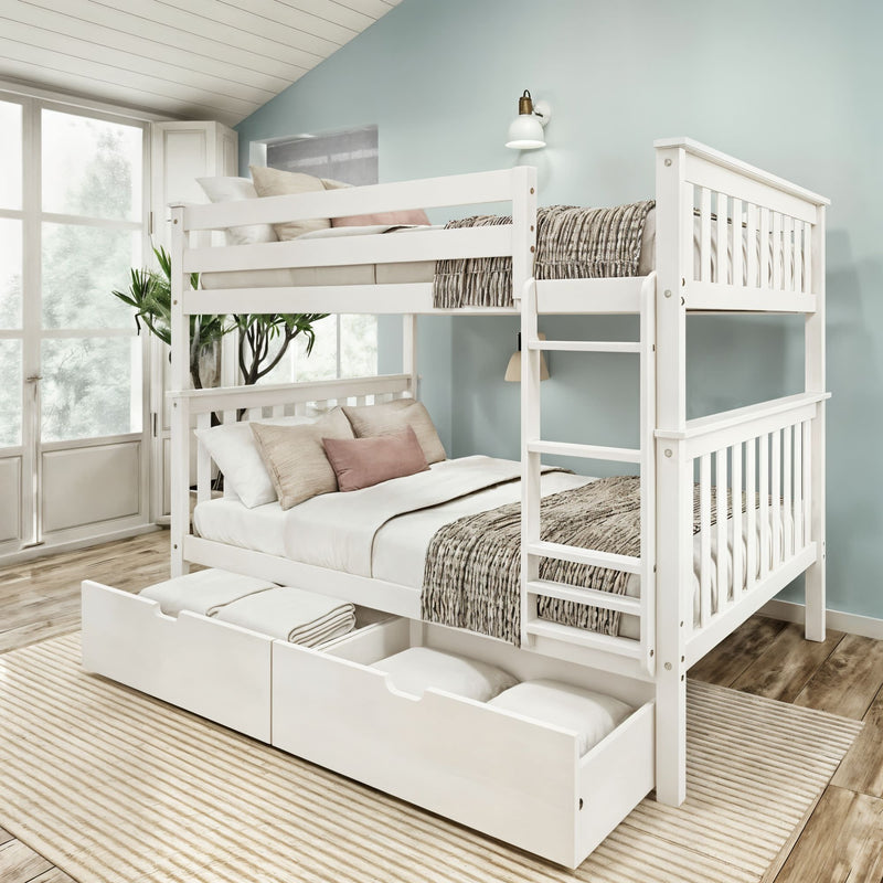 White wooden twin-over-full bunk bed with built-in under-bed storage drawers and ladder, neutral bedding and pillows in a bright modern kids' bedroom with pale blue wall, large windows and hardwood floors