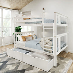 White wooden bunk bed with storage drawers, dressed in cozy blue and beige bedding, in a modern, bright bedroom with large windows.