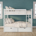 White wooden bunk bed with ladder and under-bed storage drawers, neutral bedding and pillows against teal accent wall in kids' bedroom