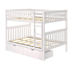 White wooden bunk bed with storage drawers, ideal for kids' bedrooms.