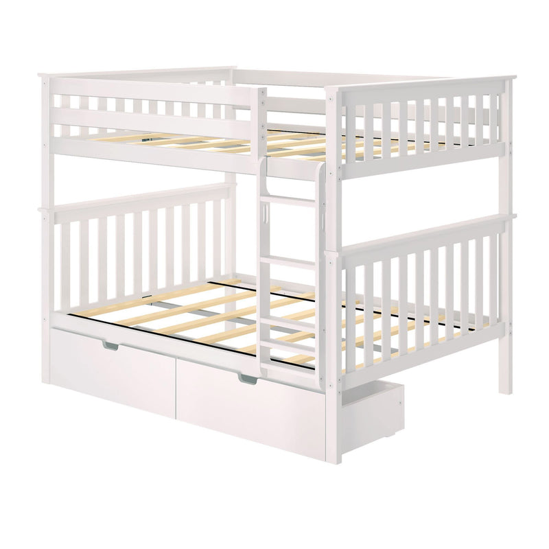White wooden bunk bed with storage drawers, ideal for kids' bedrooms.