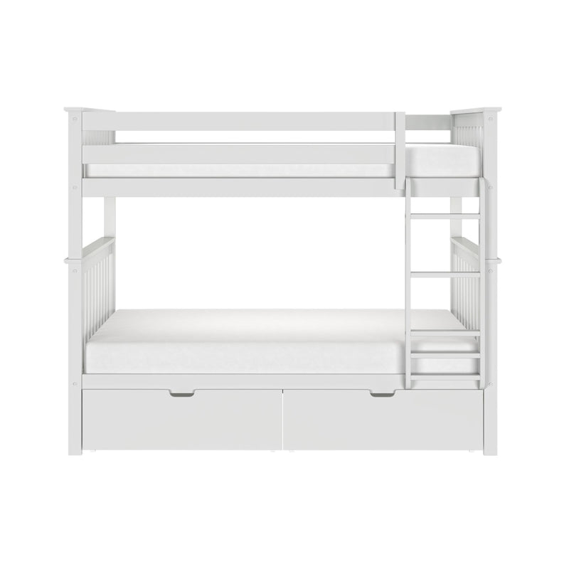 White wooden bunk bed with ladder, top guardrail and built-in under-bed storage drawers, space-saving kids bedroom loft bed