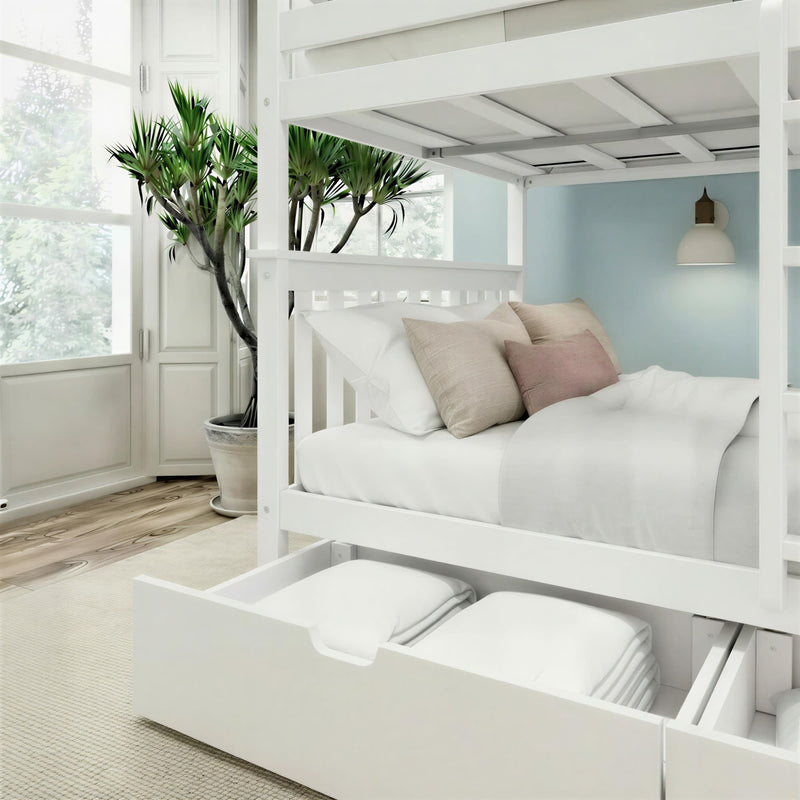 Bright modern bedroom with white twin bunk bed and pull-out under-bed storage, neutral linens and pillows, large windows and indoor potted plant