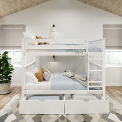White bunk bed with under-bed storage in a modern bedroom with wooden ceiling and natural light.
