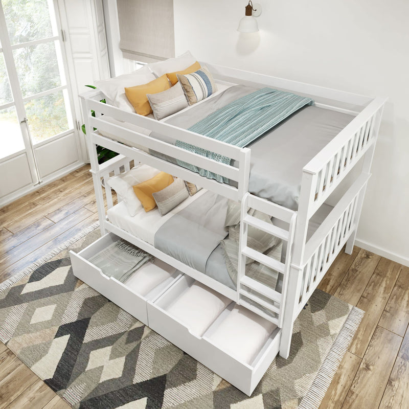 White wooden bunk bed with storage drawers, cozy bedding, and modern design in a bright bedroom.