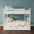 White wooden bunk bed with ladder and under-bed storage drawers, neutral beige bedding and striped pillows against a teal textured wall on hardwood floor, modern kids bedroom