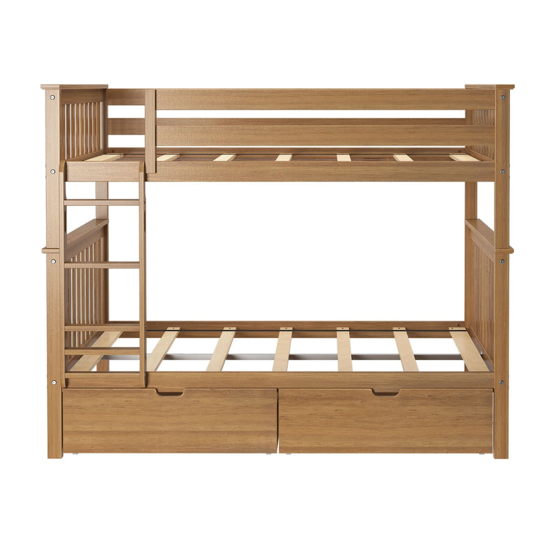 Wooden bunk bed with ladder and storage drawers, minimalist design for kids' room.