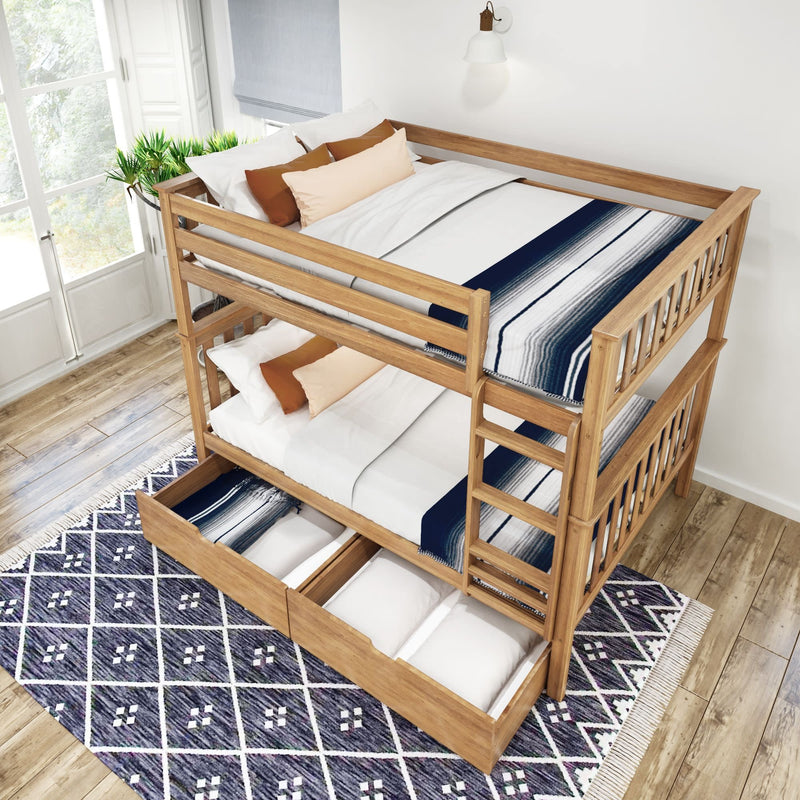 Wooden bunk bed with ladder and storage drawers in a cozy bedroom.