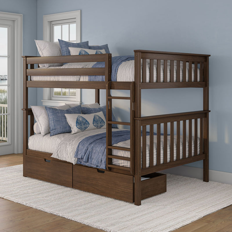 Dark walnut solid wood bunk bed with ladder and under-bed storage drawers, styled with blue and white coastal bedding in a light-blue bedroom
