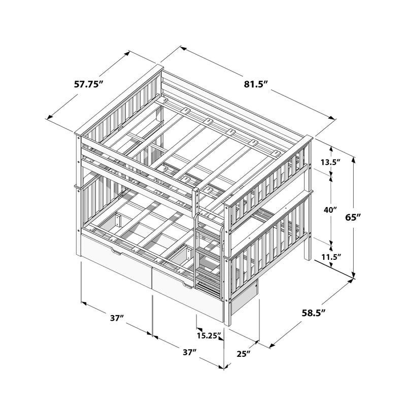 Line-drawing assembly diagram of a wooden twin-over-full bunk bed frame with slatted guardrails, built-in ladder and under-bed storage drawers, labeled with key dimensions (81.5" length, 58.5" width, 65" height) for product sizing and assembly.