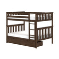 Dark walnut wooden twin-over-full bunk bed with ladder, slatted guardrails and built-in under-bed storage drawers