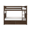 Twin-over-full solid wood bunk bed in dark walnut with slatted headboards, side ladder and built-in underbed storage drawers