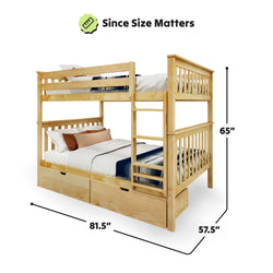 Wooden bunk bed with two mattresses, 65 inches high, 81.5 inches long, and 57.5 inches wide, featuring integrated storage drawers.