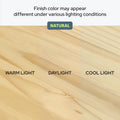 Wood finish color variation under warm, daylight, and cool lighting conditions.
