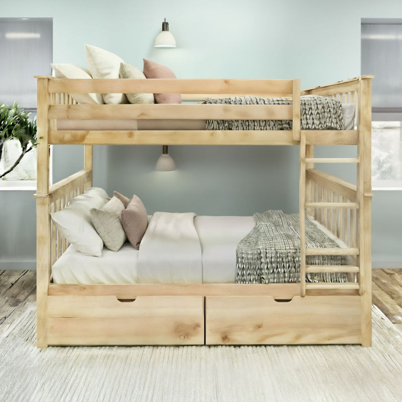 Natural pine twin-over-twin bunk bed with ladder and under-bed storage drawers in a light-blue bedroom, neutral bedding and wall lamps