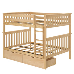 Natural wood bunk bed with safety rails and integrated ladder, featuring storage drawers for space-saving kids' room furniture.
