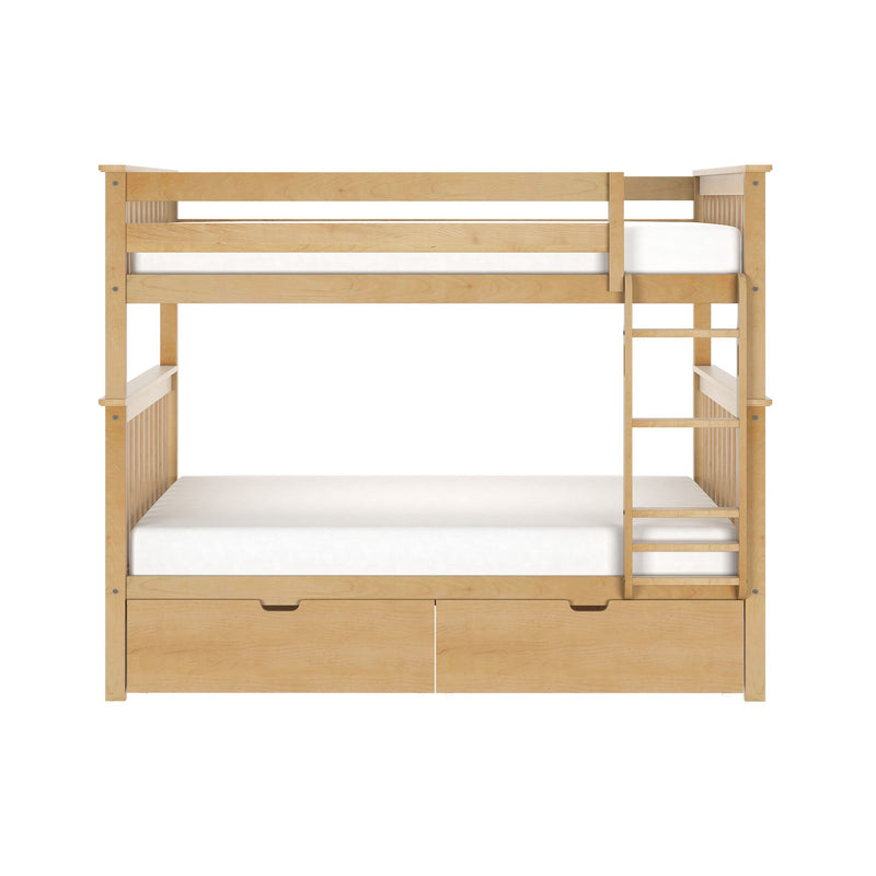 Solid maple twin-over-full bunk bed with ladder and built-in storage drawers, natural finish