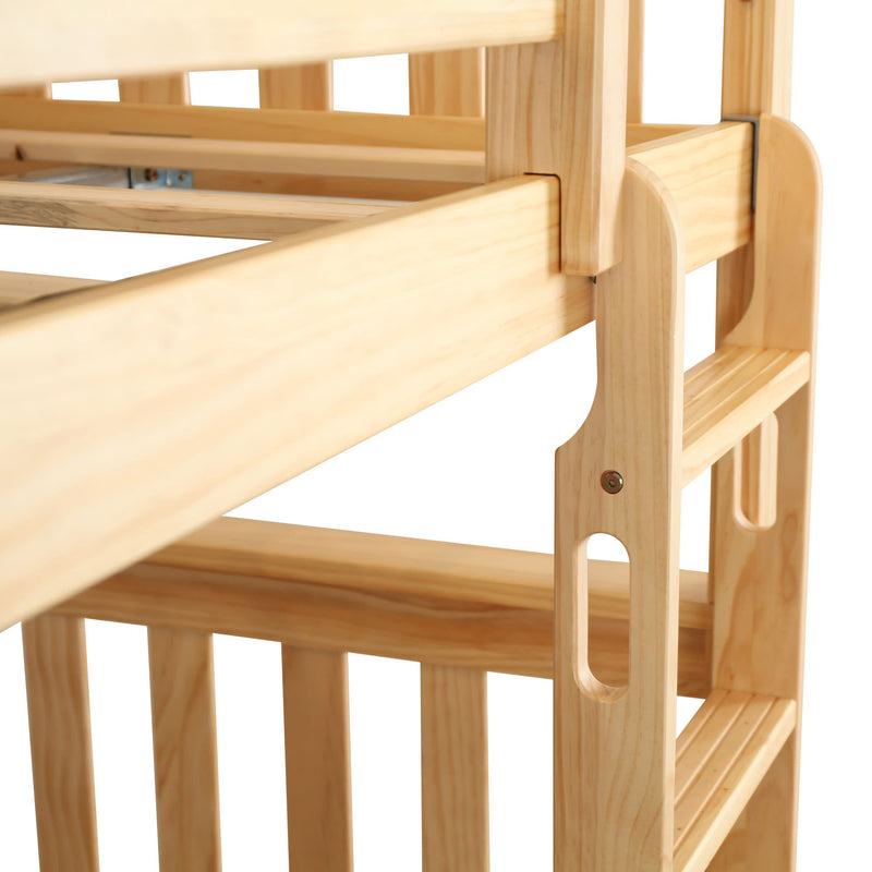 Wooden bunk bed ladder close-up showing natural pine finish.