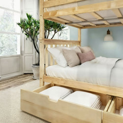 Space-saving light wood bunk bed with built-in under-bed storage drawer and neutral linens in a bright modern bedroom with large window and potted indoor plant