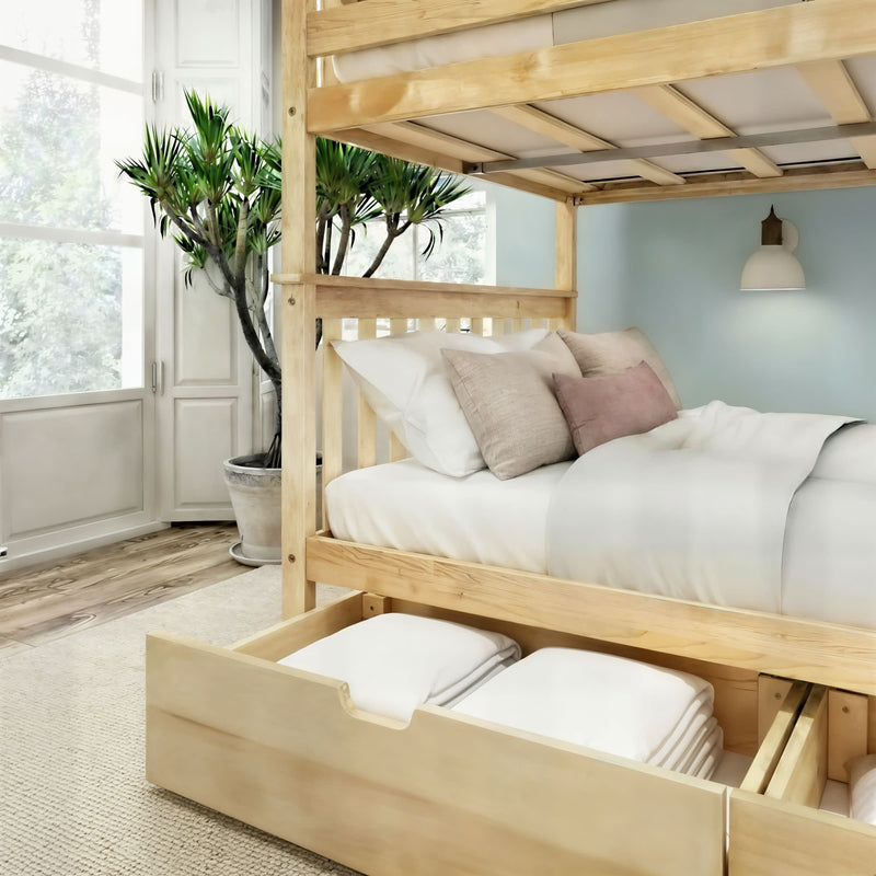 Space-saving light wood bunk bed with built-in under-bed storage drawer and neutral linens in a bright modern bedroom with large window and potted indoor plant