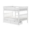 White wooden bunk bed with ladder, safety rails and under-bed storage drawers — modern kids loft bed