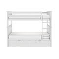 White wooden twin-over-full bunk bed with ladder, safety rails and built-in under-bed storage drawers, modern children's bedroom furniture