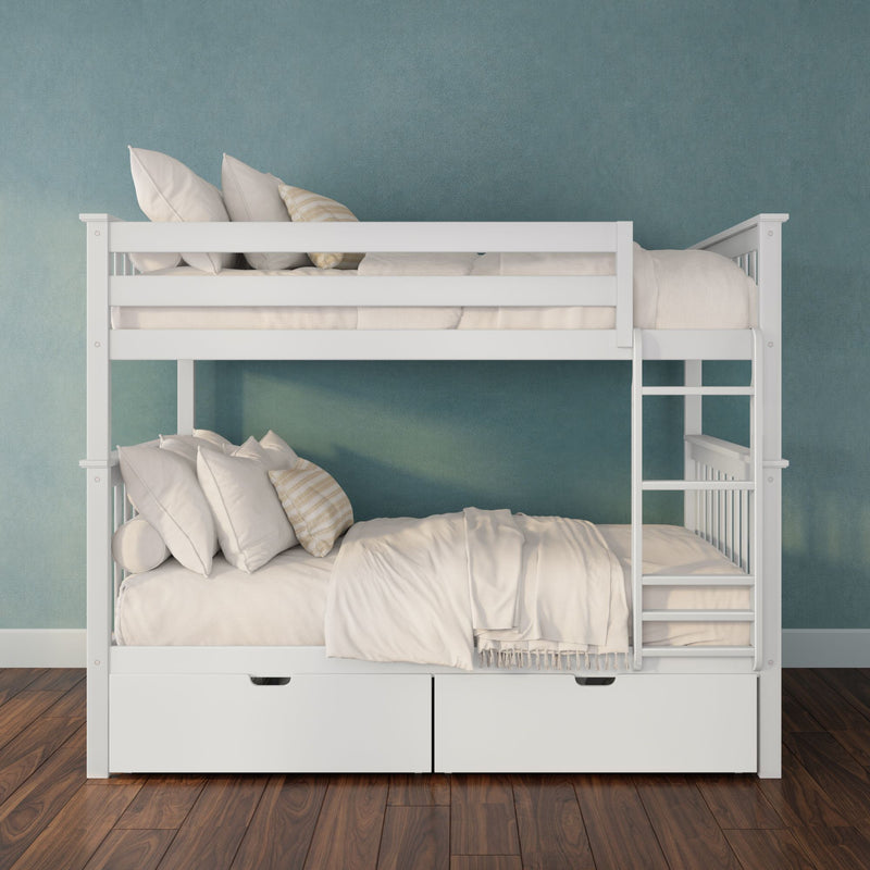White wooden bunk bed with ladder and under-bed storage drawers, beige linens and pillows against teal textured wall