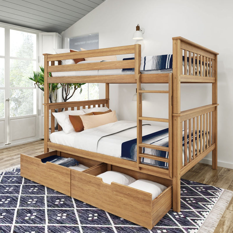 Wooden bunk bed with storage drawers in a cozy, well-lit bedroom.