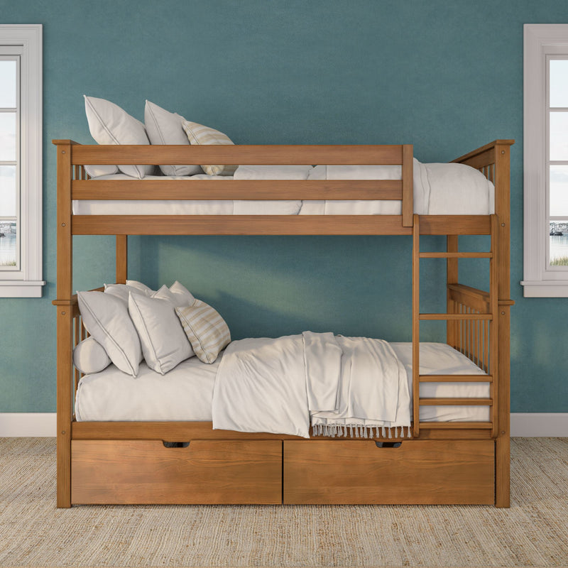 Solid wood bunk bed with built-in under-bed storage drawers and ladder, styled with white bedding and pillows against a teal bedroom wall