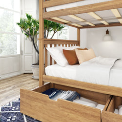 Wooden bunk bed with storage drawer and cozy pillows in a bright bedroom with large window and indoor plant.