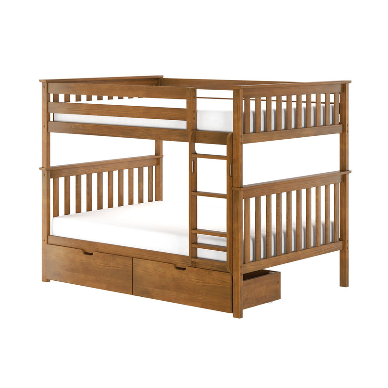Solid wood bunk bed with built-in ladder and under-bed storage drawers, slatted guardrails and white mattresses in warm wood finish