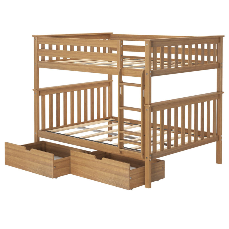 Wooden bunk bed with ladder and storage drawers underneath, ideal for kids' rooms.