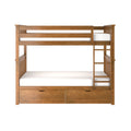 Natural wood bunk bed with built-in ladder and under-bed storage drawers, mission-style slatted headboard and white mattresses — space-saving kids bedroom furniture