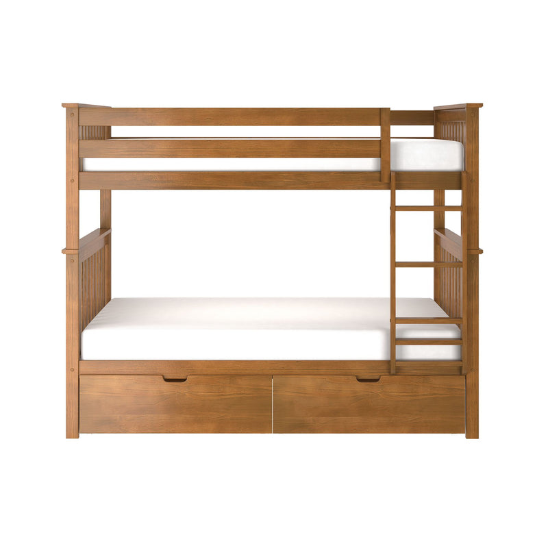 Natural wood bunk bed with built-in ladder and under-bed storage drawers, mission-style slatted headboard and white mattresses — space-saving kids bedroom furniture
