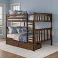 Dark walnut wooden bunk bed with under-bed storage drawers and ladder, styled with blue and white coastal bedding and pillows in a bright kids' bedroom by windows
