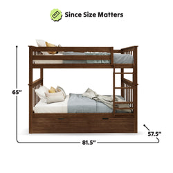 Wooden bunk bed with mattress dimensions 65 inches height, 81.5 inches length, and 57.5 inches width, featuring storage drawers and side ladder.