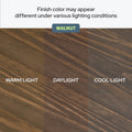 Walnut wood finish appearance under warm light, daylight, and cool light conditions.